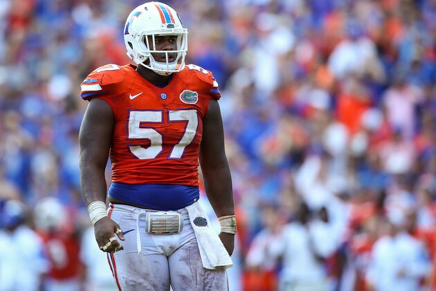 GAINESVILLE, FL - NOVEMBER 07:  Caleb Brantley #57 of the Florida Gators looks on during the game against the Vanderbilt Commodores at Ben Hill Griffin Stadium on November 7, 2015 in Gainesville, Florida.  (Photo by Rob Foldy/Getty Images)