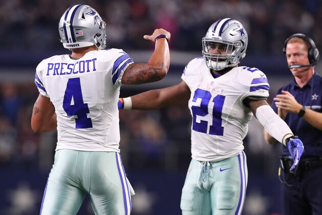 ARLINGTON, TX - DECEMBER 18:  Dak Prescott #4 and Ezekiel Elliott of the Dallas Cowboys celebrate after scoring a touchdown during the second quarter against the Tampa Bay Buccaneers at AT&T Stadium on December 18, 2016 in Arlington, Texas. (Photo by Tom Pennington/Getty Images)