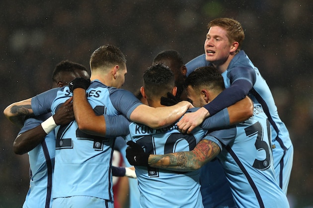 LONDON, ENGLAND - JANUARY 06:  Sergio Aguero of Manchester City celebrates with team mates after scoring his sides fourth goal during The Emirates FA Cup Third Round match between West Ham United and Manchester City at London Stadium on January 6, 2017 in London, England.  (Photo by Ian Walton/Getty Images)