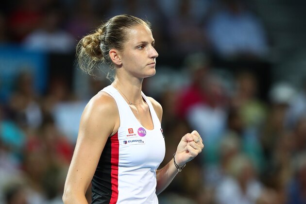BRISBANE, AUSTRALIA - JANUARY 07:  Karolina Pliskova of the Czech Republic plays celebrates a point against Alize Cornet of France during the Women's Final on day seven of the 2017 Brisbane International at Pat Rafter Arena on January 7, 2017 in Brisbane, Australia.  (Photo by Chris Hyde/Getty Images)