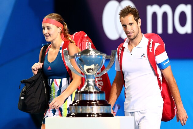 PERTH, AUSTRALIA - JANUARY 07:  Kristina Mladenovic and Richard Gasquet of France walk past the Hopman Cup before the mixed doubles match against Coco Vandeweghe and Jack Sock of the United States during the 2017 Hopman Cup Final at Perth Arena on January 7, 2017 in Perth, Australia.  (Photo by Paul Kane/Getty Images)