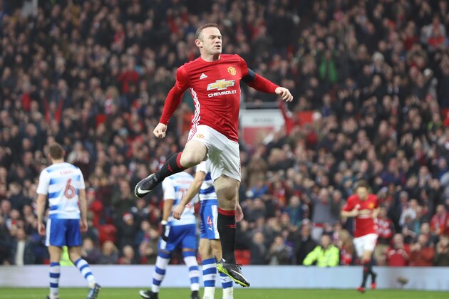 MANCHESTER, ENGLAND - JANUARY 07:  Wayne Rooney of Manchester United celebrates as he scores his first sides first goal during the Emirates FA Cup third round match between Manchester United and Reading at Old Trafford on January 7, 2017 in Manchester, England.  (Photo by Mark Thompson/Getty Images)