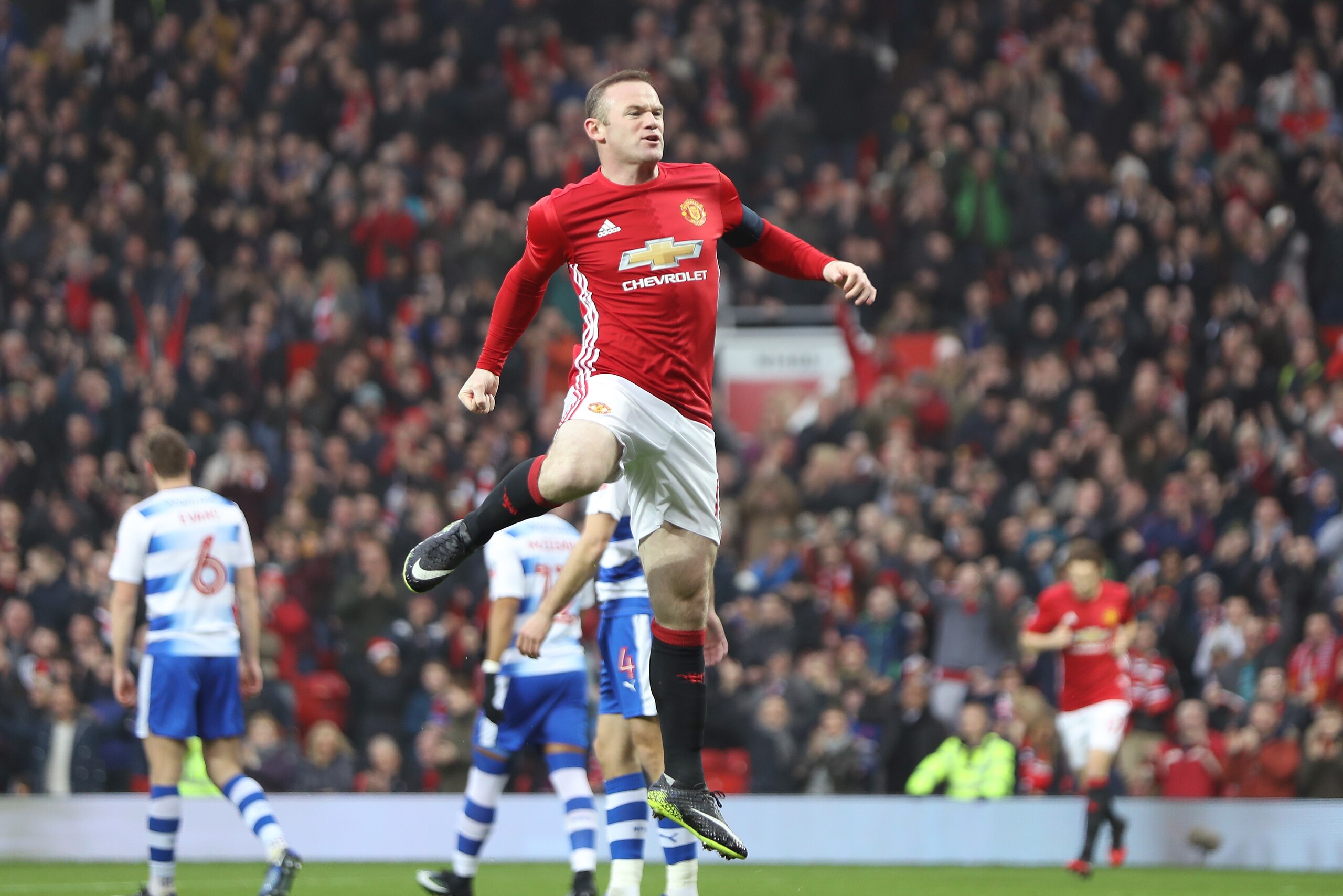 MANCHESTER, ENGLAND - JANUARY 07:  Wayne Rooney of Manchester United celebrates as he scores his first sides first goal during the Emirates FA Cup third round match between Manchester United and Reading at Old Trafford on January 7, 2017 in Manchester, England.  (Photo by Mark Thompson/Getty Images)