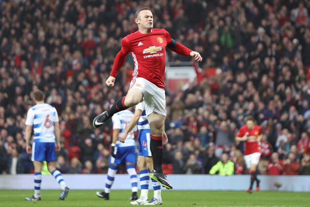 MANCHESTER, ENGLAND - JANUARY 07:  Wayne Rooney of Manchester United celebrates as he scores his first sides first goal during the Emirates FA Cup third round match between Manchester United and Reading at Old Trafford on January 7, 2017 in Manchester, England.  (Photo by Mark Thompson/Getty Images)