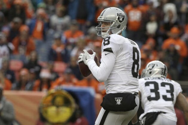 Oakland Raiders quarterback Connor Cook looks to pass against the Denver Broncos in the first half of an NFL football game, Sunday, Jan. 1, 2017, in Denver. (AP Photo/Joe Mahoney)