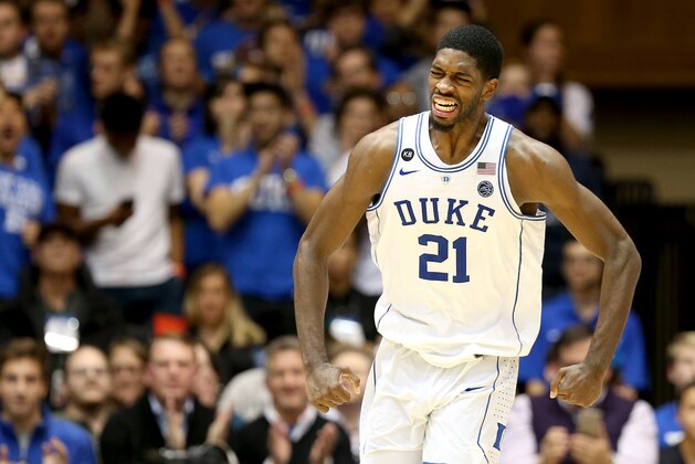 DURHAM, NC - DECEMBER 19:  Amile Jefferson #21 of the Duke Blue Devils reacts after a play against the Tennessee State Tigers during their game at Cameron Indoor Stadium on December 19, 2016 in Durham, North Carolina.  (Photo by Streeter Lecka/Getty Images)