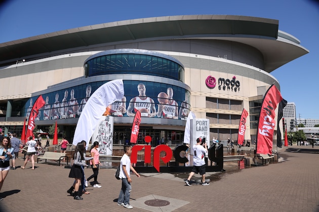 PORTLAND, OR - MAY 7: View from outside of the Moda Center Arena before the game between the Portland Trail Blazers and the Golden State Warriors in Game Three of the Western Conference Semifinals during the 2016 NBA Playoffs on May 7, 2016 at the Moda Center Arena in Portland, Oregon. NOTE TO USER: User expressly acknowledges and agrees that, by downloading and or using this photograph, user is consenting to the terms and conditions of the Getty Images License Agreement. Mandatory Copyright Notice: Copyright 2016 NBAE (Photo by Sam Forencich/NBAE via Getty Images)