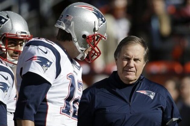 New England Patriots quarterback Tom Brady speaks to head coach Bill Belichick before the NFL football AFC Championship game between the Denver Broncos and the New England Patriots, Sunday, Jan. 24, 2016, in Denver. (AP Photo/Chris Carlson) New England Patriots quarterback Tom Brady speaks to head coach Bill Belichick before the NFL football AFC Championship game between the Denver Broncos and the New England Patriots, Sunday, Jan. 24, 2016, in Denver. (AP Photo/Chris Carlson)
