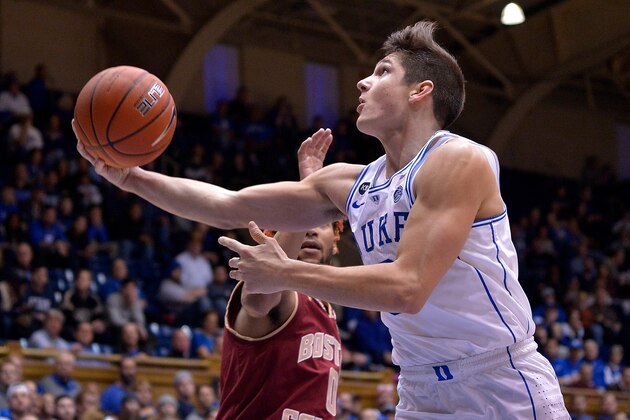 DURHAM, NC - JANUARY 07:  Grayson Allen #3 of the Duke Blue Devils drives against Ky Bowman #0 of the Boston College Eagles during the game at Cameron Indoor Stadium on January 7, 2017 in Durham, North Carolina. Duke won 93-82.  (Photo by Grant Halverson/Getty Images)