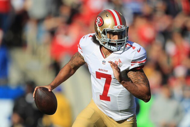 LOS ANGELES, CA - DECEMBER 24:  Colin Kaepernick #7 of the San Francisco 49ers scrambles during the first half against the Los Angeles Rams at Los Angeles Memorial Coliseum on December 24, 2016 in Los Angeles, California.  (Photo by Sean M. Haffey/Getty Images)