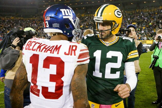 GREEN BAY, WI - OCTOBER 09:  Aaron Rodgers #12 of the Green Bay Packers meets with Odell Beckham Jr. #13 of the New York Giants after the game at Lambeau Field on October 9, 2016 in Green Bay, Wisconsin. (Photo by Dylan Buell/Getty Images)