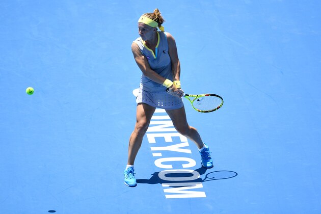 SYDNEY, AUSTRALIA - JANUARY 08:  Svetlana Kuznetsova of Russia plays a backhand shot in her 1st round match against Irina-Camelia Begu of Romania during the 2017 Sydney International at Sydney Olympic Park Tennis Centre on January 8, 2017 in Sydney, Australia.  (Photo by Brett Hemmings/Getty Images)