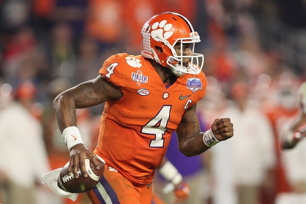 GLENDALE, AZ - DECEMBER 31:  Quarterback Deshaun Watson #4 of the Clemson Tigers drops back to pass during the Playstation Fiesta Bowl against the Ohio State Buckeyes at University of Phoenix Stadium on December 31, 2016 in Glendale, Arizona. The Tigers defeated the Buckeyes 31-0.  (Photo by Christian Petersen/Getty Images)