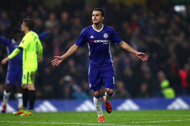 LONDON, ENGLAND - JANUARY 08:  Pedro of Chelsea celebrates scoring his sides fourth goal during The Emirates FA Cup Third Round match between Chelsea and Peterborough United at Stamford Bridge on January 8, 2017 in London, England.  (Photo by Ian Walton/Getty Images)