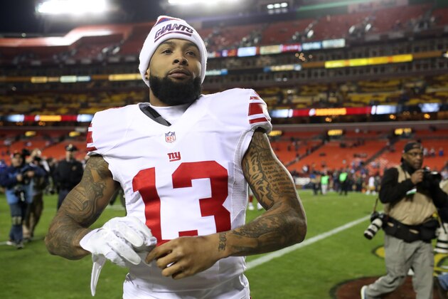 LANDOVER, MD - JANUARY 01: Wide receiver Odell Beckham #13 of the New York Giants walks off of the field after the New York Giants defeated the Washington Redskins 19-10 at FedExField on January 1, 2017 in Landover, Maryland. (Photo by Rob Carr/Getty Images)