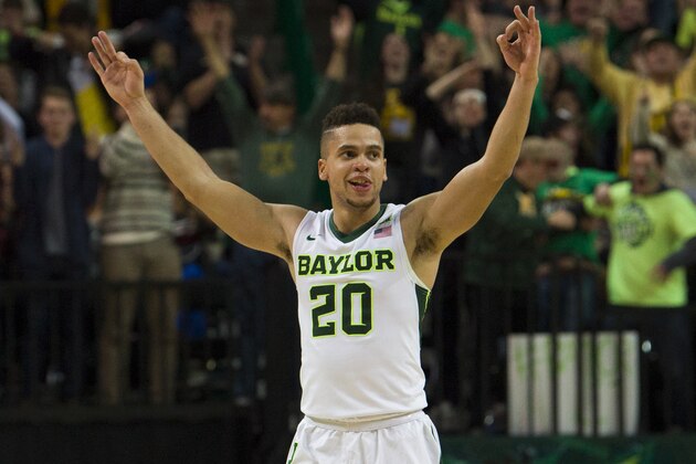 WACO, TX - JANUARY 7: Manu Lecomte #20 of the Baylor Bears celebrates after the Bears made a 3-pointer against the Oklahoma State Cowboys on January 7, 2017 at the Ferrell Center in Waco, Texas.  (Photo by Cooper Neill/Getty Images)