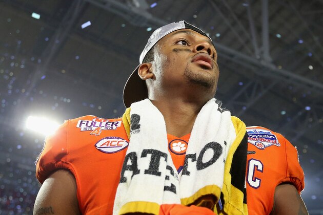 GLENDALE, AZ - DECEMBER 31:  Quarterback Deshaun Watson #4 of the Clemson Tigers stands on the field following the Playstation Fiesta Bowl against the Ohio State Buckeyes at University of Phoenix Stadium on December 31, 2016 in Glendale, Arizona. The Tigers defeated the Buckeyes 31-0.  (Photo by Christian Petersen/Getty Images)