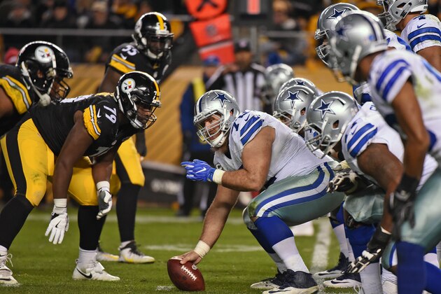 PITTSBURGH, PA - NOVEMBER 13: Center Travis Frederick #72 of the Dallas Cowboys signals at the line of scrimmage as defensive lineman Javon Hargrave #79 of the Pittsburgh Steelers looks on during a game at Heinz Field on November 13, 2016 in Pittsburgh, Pennsylvania. The Cowboys defeated the Steelers 35-30.  (Photo by George Gojkovich/Getty Images)