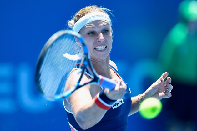SYDNEY, AUSTRALIA - JANUARY 09:  Dominika Cibulkova of Slovakia plays a forehand shot in her first round match against Laura Siegemund of Germany during day two of the 2017 Sydney International at Sydney Olympic Park Tennis Centre on January 9, 2017 in Sydney, Australia.  (Photo by Brett Hemmings/Getty Images)