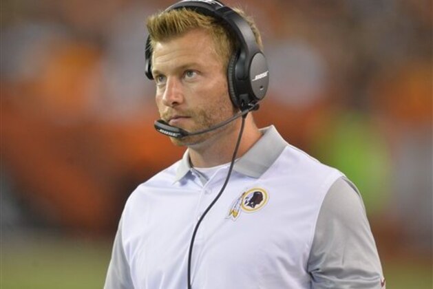 Washington Redskins offensive coordinator Sean McVay stands on the sideline during an NFL preseason football game against the Cleveland Browns, Thursday, Aug. 13, 2015, in Cleveland. (AP Photo/David Richard) Washington Redskins offensive coordinator Sean McVay stands on the sideline during an NFL preseason football game against the Cleveland Browns, Thursday, Aug. 13, 2015, in Cleveland. (AP Photo/David Richard)