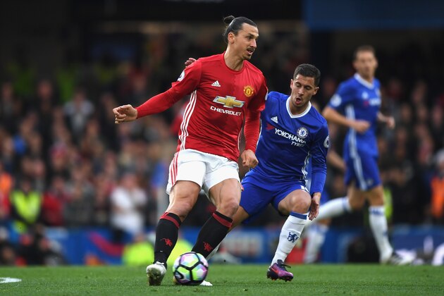 LONDON, ENGLAND - OCTOBER 23:  Zlatan Ibrahimovic of Manchester United is closed down by Eden Hazard of Chelsea during the Premier League match between Chelsea and Manchester United at Stamford Bridge on October 23, 2016 in London, England.  (Photo by Shaun Botterill/Getty Images)