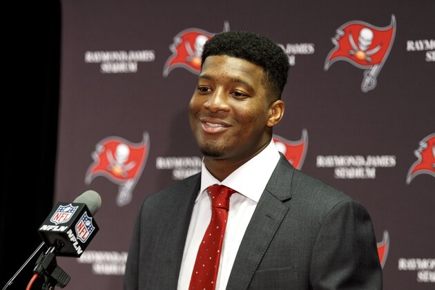 TAMPA, FL - JANUARY 1: Quarterback Jameis Winston #3 of the Tampa Bay Buccaneers attends a news conference after the game against the Carolina Panthers at Raymond James Stadium on January 1, 2017 in Tampa, Florida. The Buccaneers defeated the Panthers 17 to 16. (Photo by Don Juan Moore/Getty Images)