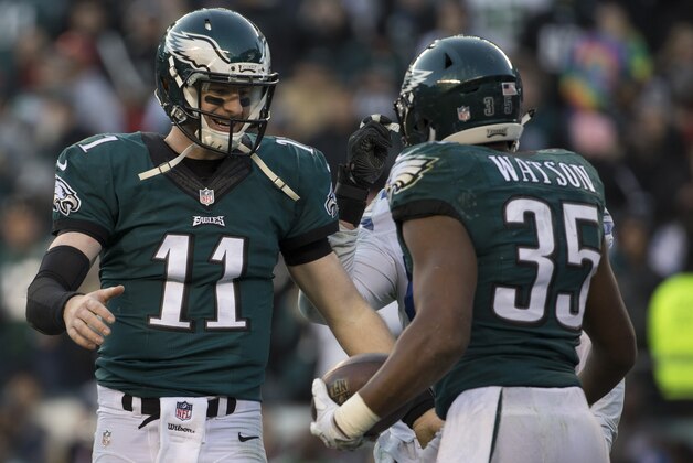 PHILADELPHIA, PA - JANUARY 1: Carson Wentz #11 of the Philadelphia Eagles celebrates with Terrell Watson #35 against the Dallas Cowboys at Lincoln Financial Field on January 1, 2017 in Philadelphia, Pennsylvania. The Eagles defeated the Cowboys 27-13. (Photo by Mitchell Leff/Getty Images)