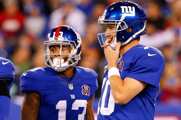 EAST RUTHERFORD, NJ - NOVEMBER 03:  (NEW YORK DAILIES OUT)    Eli Manning #10 and  Odell Beckham #13 of the New York Giants look on against the Indianapolis Colts on November 3, 2014 at MetLife Stadium in East Rutherford, New Jersey. The Colts defeated the Giants 40-24.  (Photo by Jim McIsaac/Getty Images)