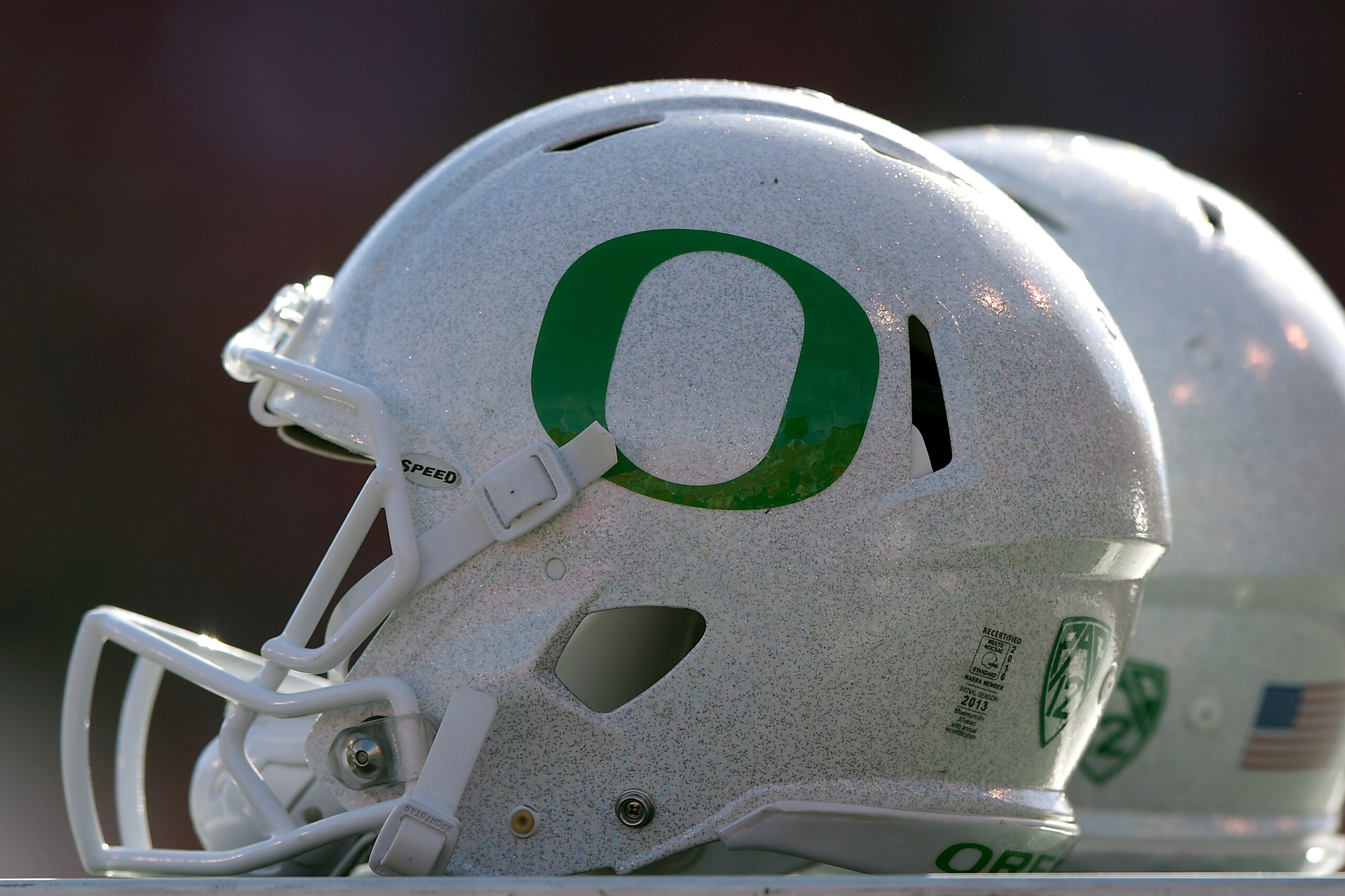 SALT LAKE CITY, UT - NOVEMBER 19: Isolated view of Oregon Ducks helmets on the sideline during the Ducks game against the Utah Utes at Rice-Eccles Stadium on November 19, 2016 in Salt Lake City, Utah. (Photo by Gene Sweeney Jr/Getty Images)
