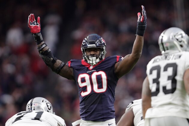 HOUSTON, TX - JANUARY 07:  Jadeveon Clowney #90 of the Oakland Raiders lines up against the Oakland Raiders during the first half of their AFC Wild Card game at NRG Stadium on January 7, 2017 in Houston, Texas.  (Photo by Tim Warner/Getty Images)