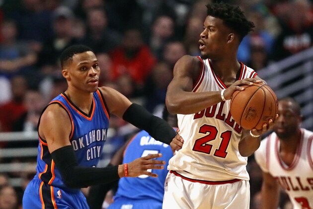CHICAGO, IL - JANUARY 09: Jimmy Butler #21 of the Chicago Bulls looks to pass against Russell Westbrook #0 of the Oklahoma City Thunder at the United Center on January 9, 2017 in Chicago, Illinois. NOTE TO USER: User expressly acknowledges and agrees that, by downloading and/or using this photograph, user is consenting to the terms and conditions of the Getty Images License Agreement. (Photo by Jonathan Daniel/Getty Images)