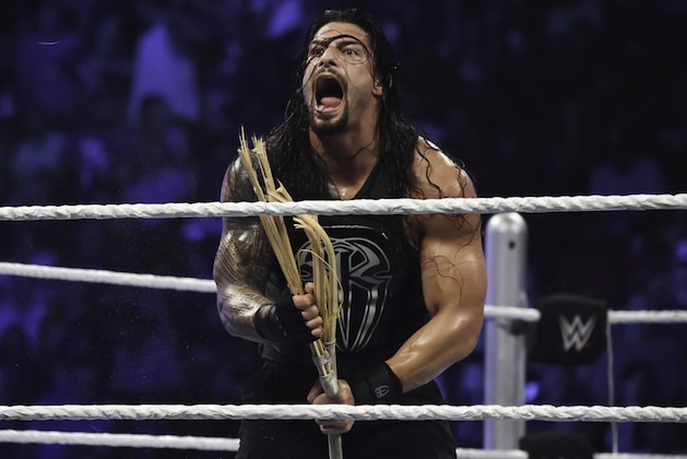 MIAMI, FL- SEPTEMBER 01: Roman Reigns reacts during the WWE Smackdown on September 1, 2015 at the American Airlines Arena in Miami, Florida.  (Photo by Ron ElkmanSports Imagery/Getty Images)