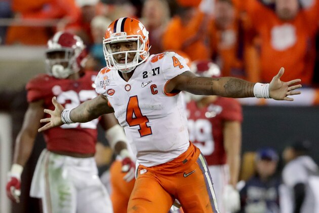 TAMPA, FL - JANUARY 09:  Quarterback Deshaun Watson #4 of the Clemson Tigers celebrates after throwing a 2-yard game-winning touchdown pass during the fourth quarter against the Alabama Crimson Tide to win the 2017 College Football Playoff National Championship Game 35-31 at Raymond James Stadium on January 9, 2017 in Tampa, Florida.  (Photo by Streeter Lecka/Getty Images)