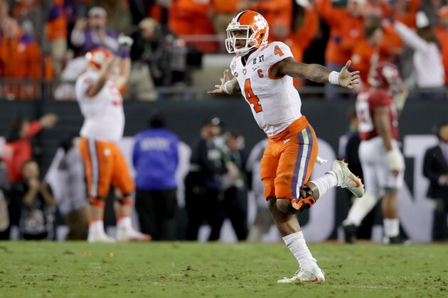 TAMPA, FL - JANUARY 09:  Quarterback Deshaun Watson #4 of the Clemson Tigers celebrates after throwing a 2-yard game-winning touchdown pass during the fourth quarter against the Alabama Crimson Tide to win the 2017 College Football Playoff National Championship Game 35-31 at Raymond James Stadium on January 9, 2017 in Tampa, Florida.  (Photo by Streeter Lecka/Getty Images)