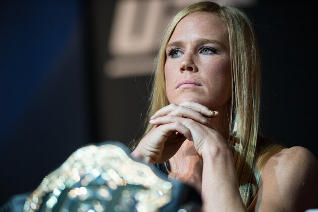 LAS VEGAS, NV - MARCH 3:   UFC bantamweight champion Holly Holm speaks to the media during the UFC 196 Press Conference at David Copperfield Theater in the MGM Grand Hotel/Casino on March 3, 2016 in Las Vegas, Nevada. (Photo by Brandon Magnus/Zuffa LLC/Zuffa LLC via Getty Images)