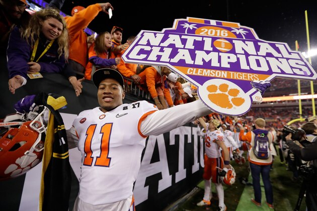 TAMPA, FL - JANUARY 09:  Safety Isaiah Simmons #11 of the Clemson Tigers celebrates after defeating the Alabama Crimson Tide 35-31 to win the 2017 College Football Playoff National Championship Game at Raymond James Stadium on January 9, 2017 in Tampa, Florida.  (Photo by Jamie Squire/Getty Images)