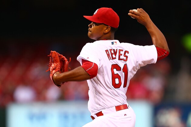 ST. LOUIS, MO - SEPTEMBER 29: Starter Alex Reyes #61 of the St. Louis Cardinals pitches against the Cincinnati Reds in the first inning at Busch Stadium on September 29, 2016 in St. Louis, Missouri.  (Photo by Dilip Vishwanat/Getty Images)
