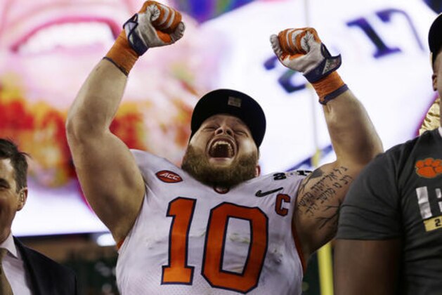 Clemson's Ben Boulware celebrates after the NCAA college football playoff championship game against Alabama Tuesday, Jan. 10, 2017, in Tampa, Fla. Clemson won 35-31. (AP Photo/David J. Phillip)