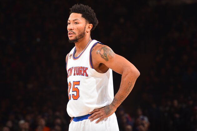 NEW YORK,NY - JANUARY 2 : Derrick Rose #25 of the New York Knicks looks on against the Orlando Magic at Madison Square Garden on January 2, 2017 in New York,New York NOTE TO USER: User expressly acknowledges and agrees that, by downloading and/or using this Photograph, user is consenting to the terms and conditions of the Getty Images License Agreement. Mandatory Copyright Notice: Copyright 2017 NBAE (Photo by Jesse D. Garrabrant/NBAE via Getty Images)