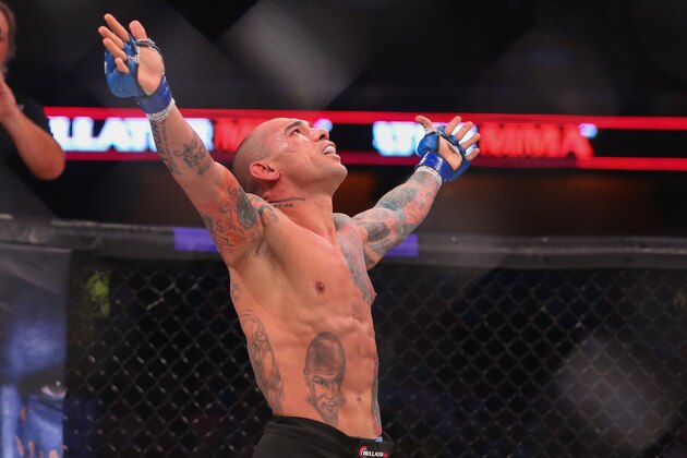 UNCASVILLE, CT - APRIL 22: Evangelista Santos celebrates his first round submission win over Brennan Ward (not shown) during their bout in Bellator 153 at Mohegan Sun Arena on April 22, 2016 in Uncasville, Connecticut. (Photo by Ed Mulholland/Getty Images)