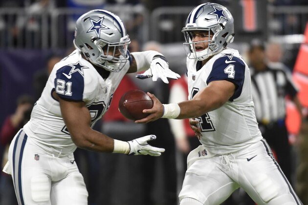 MINNEAPOLIS, MN - DECEMBER 1:  Dak Prescott #4 of the Dallas Cowboys hands the ball off to Ezekiel Elliott #21in the first half of the game agains the Minnesota Vikings on December 1, 2016 at US Bank Stadium in Minneapolis, Minnesota.  (Photo by Hannah Foslien/Getty Images)