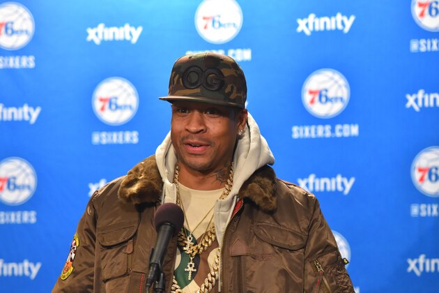 PHILADELPHIA,PA - DECEMBER 16: Hall of Famer Allen Iverson #3 of the Philadelphia 76ers speaks with the media prior to the game against the Los Angeles Lakers during Allen Iverson Hall of Fame Night at Wells Fargo Center on December 16, 2016 in Philadelphia, Pennsylvania NOTE TO USER: User expressly acknowledges and agrees that, by downloading and/or using this Photograph, user is consenting to the terms and conditions of the Getty Images License Agreement. Mandatory Copyright Notice: Copyright 2016 NBAE (Photo by Jesse D. Garrabrant/NBAE via Getty Images)