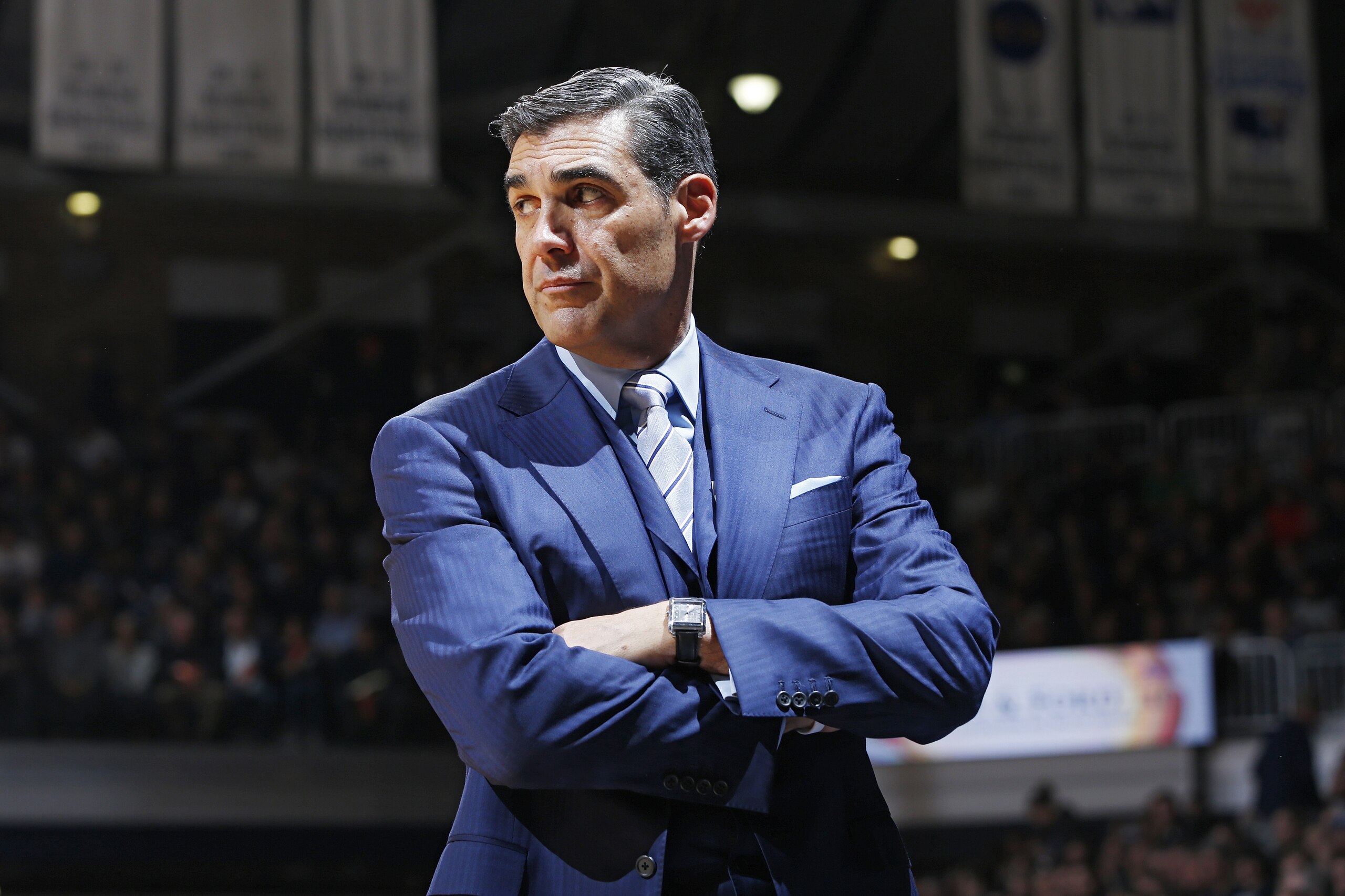 INDIANAPOLIS, IN - JANUARY 04: Head coach Jay Wright of the Villanova Wildcats looks on during the game against the Butler Bulldogs at Hinkle Fieldhouse on January 4, 2017 in Indianapolis, Indiana. Butler defeated Villanova 66-58. (Photo by Joe Robbins/Getty Images)