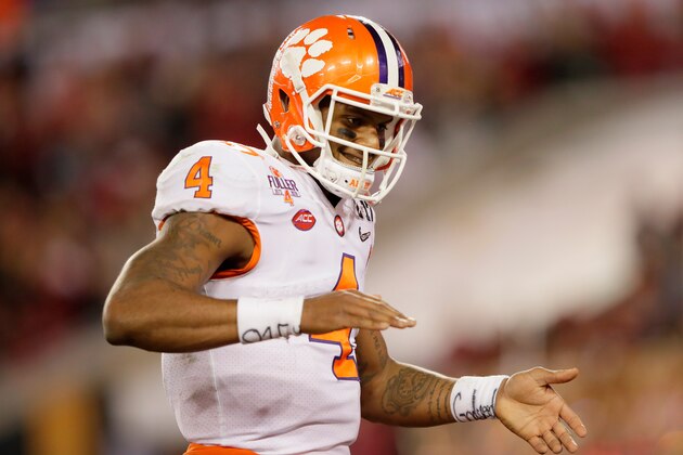 TAMPA, FL - JANUARY 09:  Quarterback Deshaun Watson #4 of the Clemson Tigers celebrates after throwing a 24-yard touchdown pass during the third quarter against the Alabama Crimson Tide in the 2017 College Football Playoff National Championship Game at Raymond James Stadium on January 9, 2017 in Tampa, Florida.  (Photo by Jamie Squire/Getty Images)