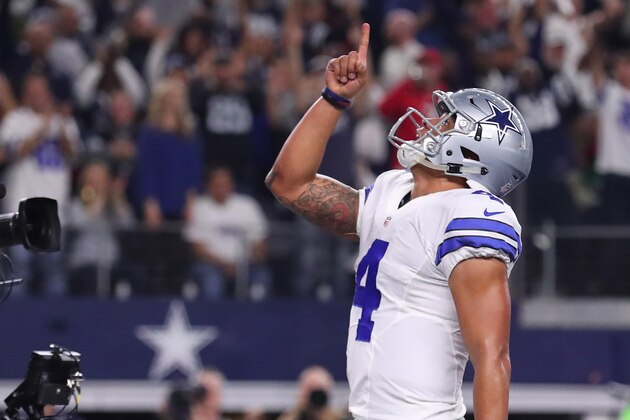 ARLINGTON, TX - DECEMBER 18:  Dak Prescott #4 of the Dallas Cowboys celebrates after scoring a touchdown during the second quarter against the Tampa Bay Buccaneers at AT&T Stadium on December 18, 2016 in Arlington, Texas. (Photo by Tom Pennington/Getty Images)