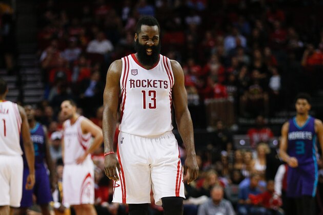 HOUSTON, TX - JANUARY 10:  James Harden #13 of the Houston Rockets winces after being in the eye in the fourth quarter against the Charlotte Hornets at Toyota Center on January 10, 2017 in Houston, Texas. NOTE TO USER: User expressly acknowledges and agrees that, by downloading and/or using this photograph, user is consenting to the terms and conditions of the Getty Images License Agreement.  (Photo by Bob Levey/Getty Images)
