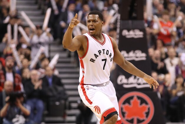 TORONTO, ON - JANUARY 05: Kyle Lowry #7 of the Toronto Raptors argues for a foul after hitting a three-pointer against the Utah Jazz during NBA game action at Air Canada Centre on January 5, 2017 in Toronto, Canada. NOTE TO USER: User expressly acknowledges and agrees that, by downloading and or using this photograph, User is consenting to the terms and conditions of the Getty Images License Agreement. (Photo by Tom Szczerbowski/Getty Images)
