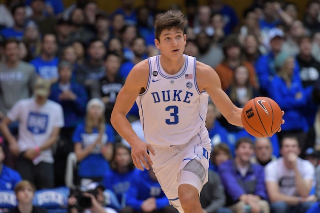 DURHAM, NC - JANUARY 07:  Grayson Allen #3 of the Duke Blue Devils moves the ball against the Boston College Eagles during the game at Cameron Indoor Stadium on January 7, 2017 in Durham, North Carolina. Duke won 93-82.  (Photo by Grant Halverson/Getty Images)