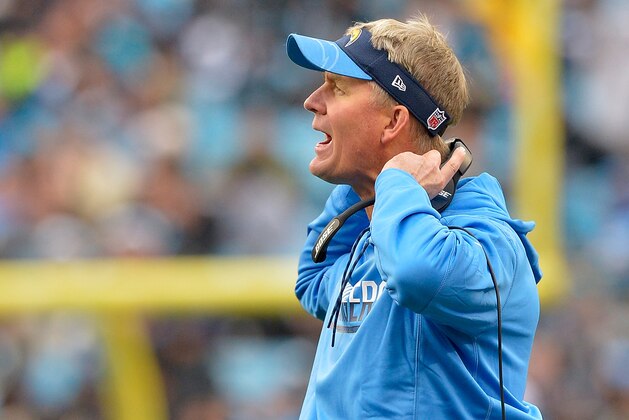 CHARLOTTE, NC - DECEMBER 11:  Head coach Mike McCoy of the San Diego Chargers reacts after a play against the Carolina Panthers in the second quarter during the game at Bank of America Stadium on December 11, 2016 in Charlotte, North Carolina.  (Photo by Grant Halverson/Getty Images)