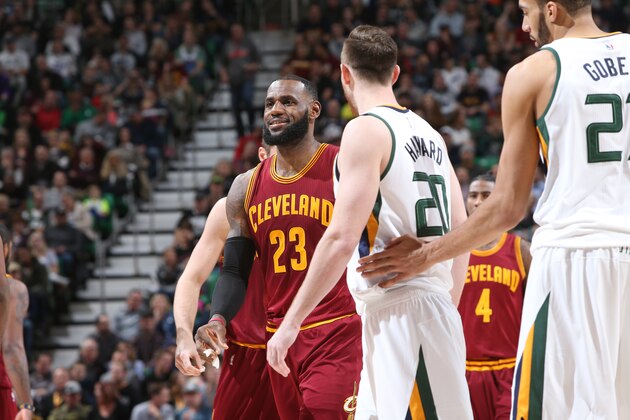 SALT LAKE CITY, UT - JANUARY 10:  LeBron James #23 of the Cleveland Cavaliers reacts to a play against the Utah Jazz during the game on January 10, 2017 at vivint.SmartHome Arena in Salt Lake City, Utah. NOTE TO USER: User expressly acknowledges and agrees that, by downloading and or using this Photograph, User is consenting to the terms and conditions of the Getty Images License Agreement. Mandatory Copyright Notice: Copyright 2017 NBAE (Photo by Melissa Majchrzak/NBAE via Getty Images)
